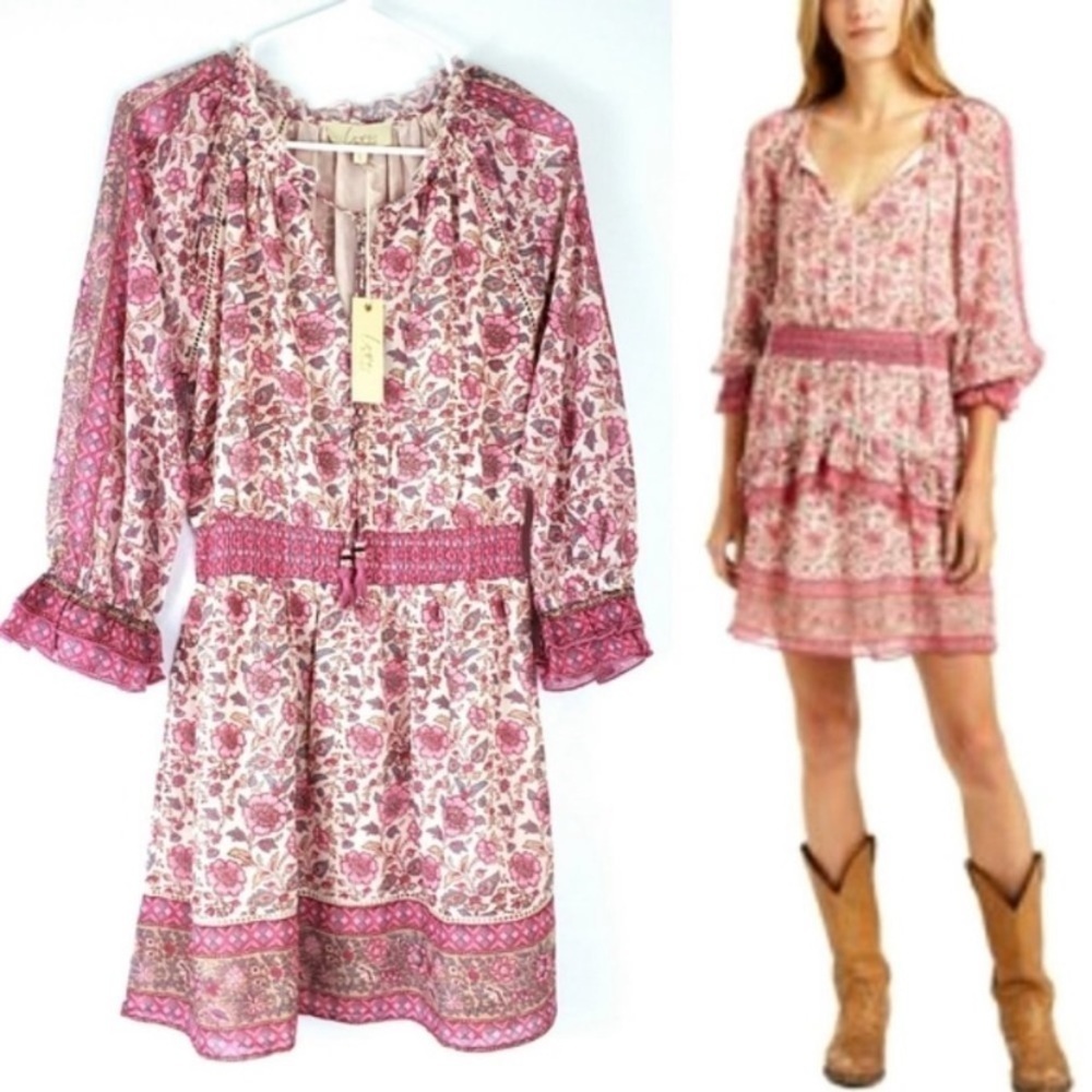 LOVE THE LABEL Women Floral Print Tippy Border Mini Dress Pink Multicolor Sz S